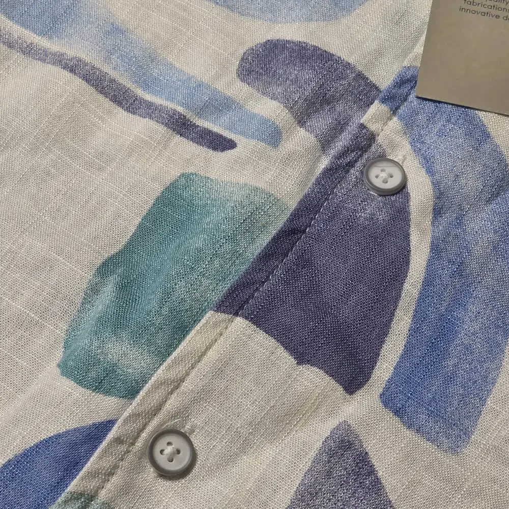 FOLK Men's PALCONT Short Sleeve Linen Blend Abstract Shirt color Blue Size M NEW